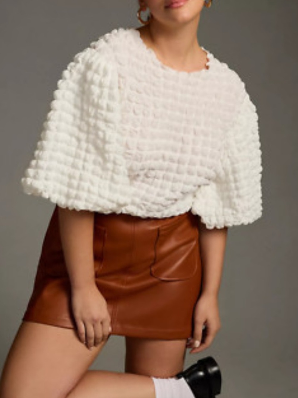 Textured White Puff-Sleeve Blouse